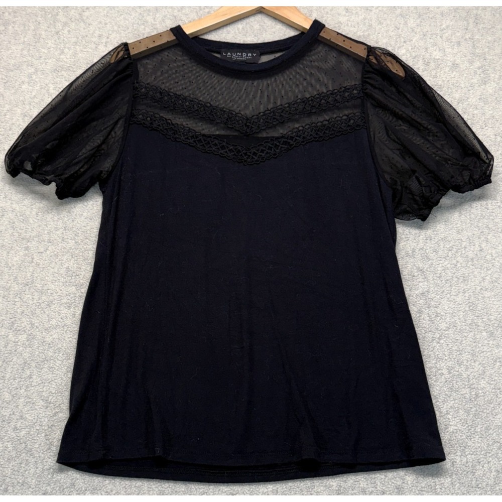 Laundry by Shelli Segal Womens Top Black Sheer Mesh Puff Short Sleeve Pullover M